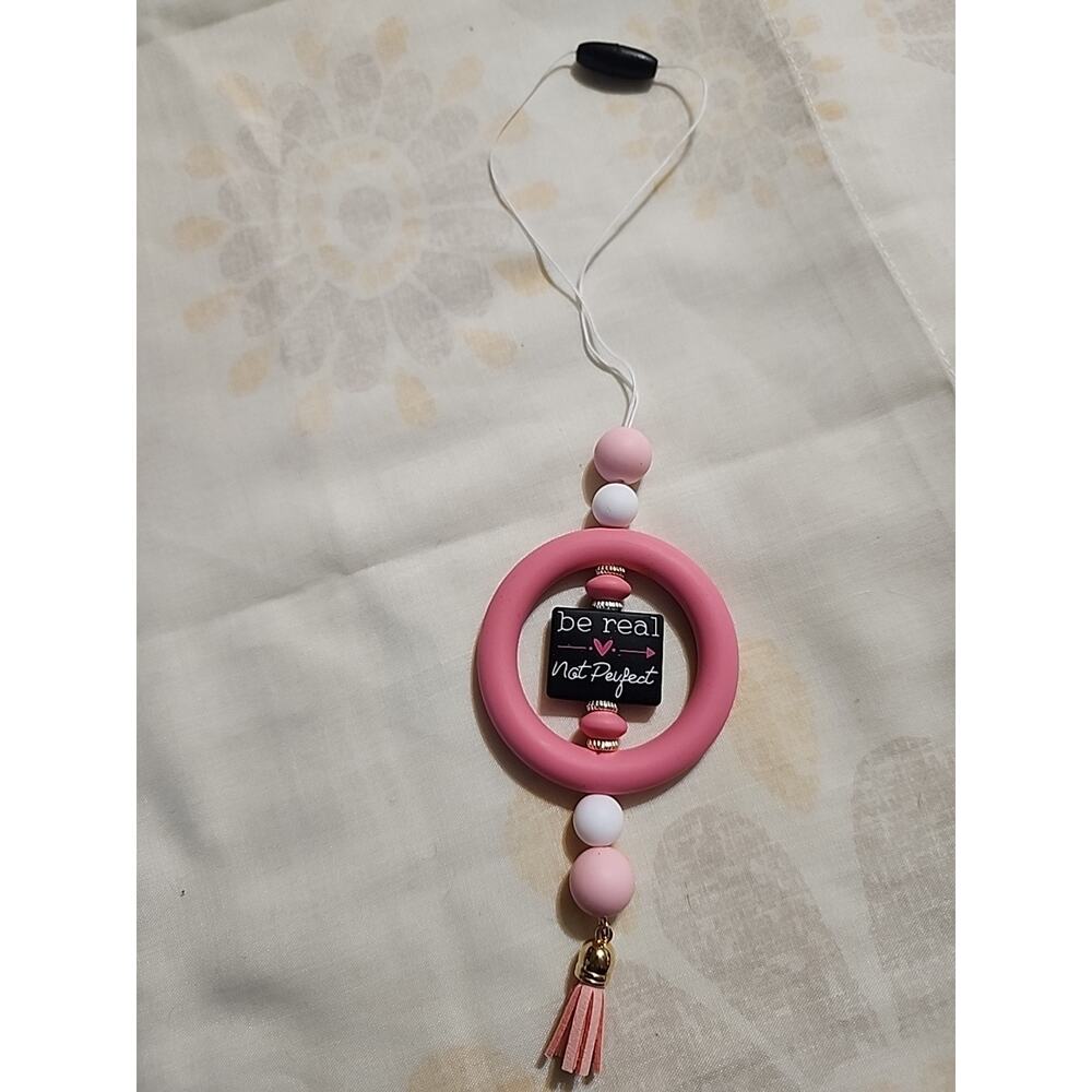 Beaded Car Charm For Rear View 'Be Real Not Perfect' Pink Handmade